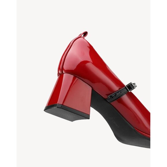 🆕 Red Women's Mary Jane Pumps, Low Block Heel, Square Toe, Adjustable Strap - Picture 4 of 5